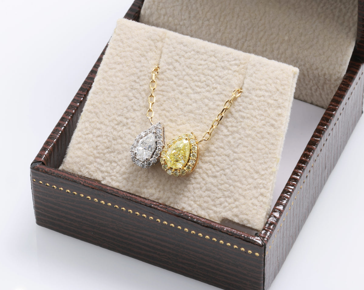 Fancy Yellow & White Pear Diamond Necklace in 18K yellow gold — view 2