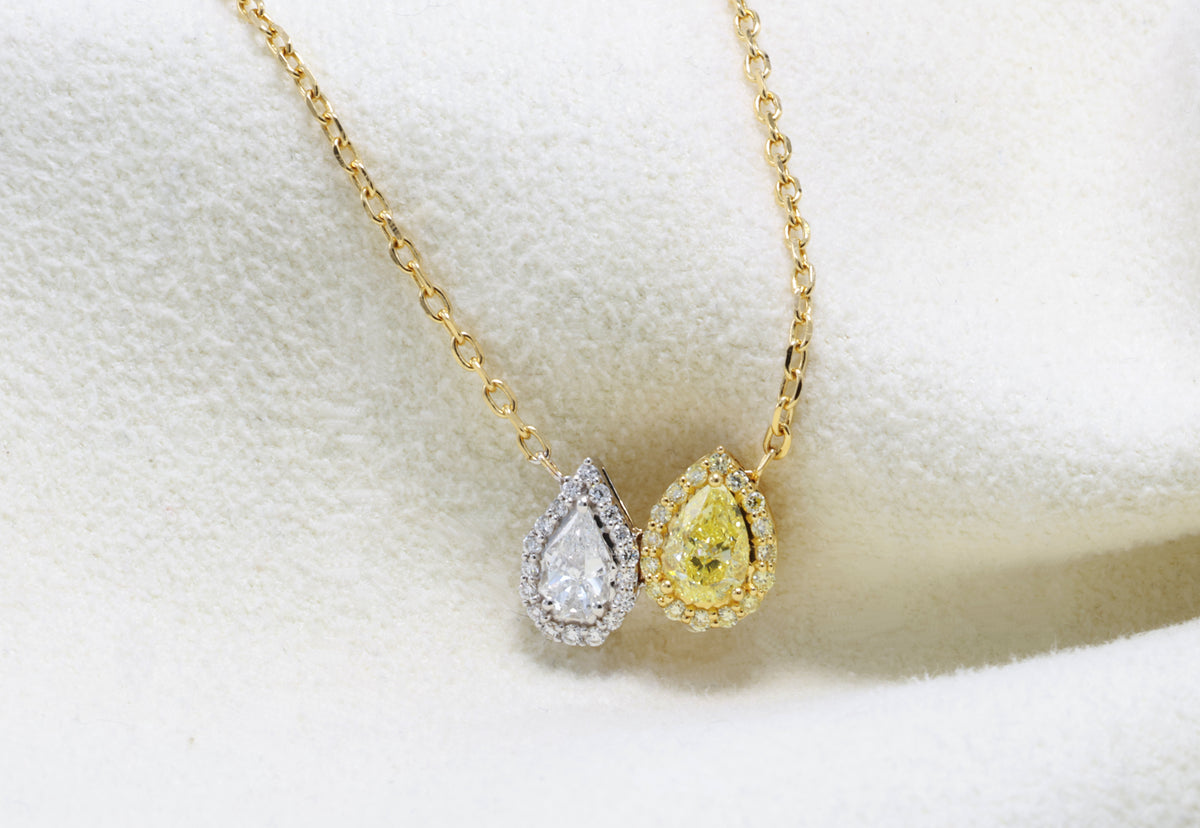 Fancy Yellow & White Pear Diamond Necklace in 18K yellow gold — view 3