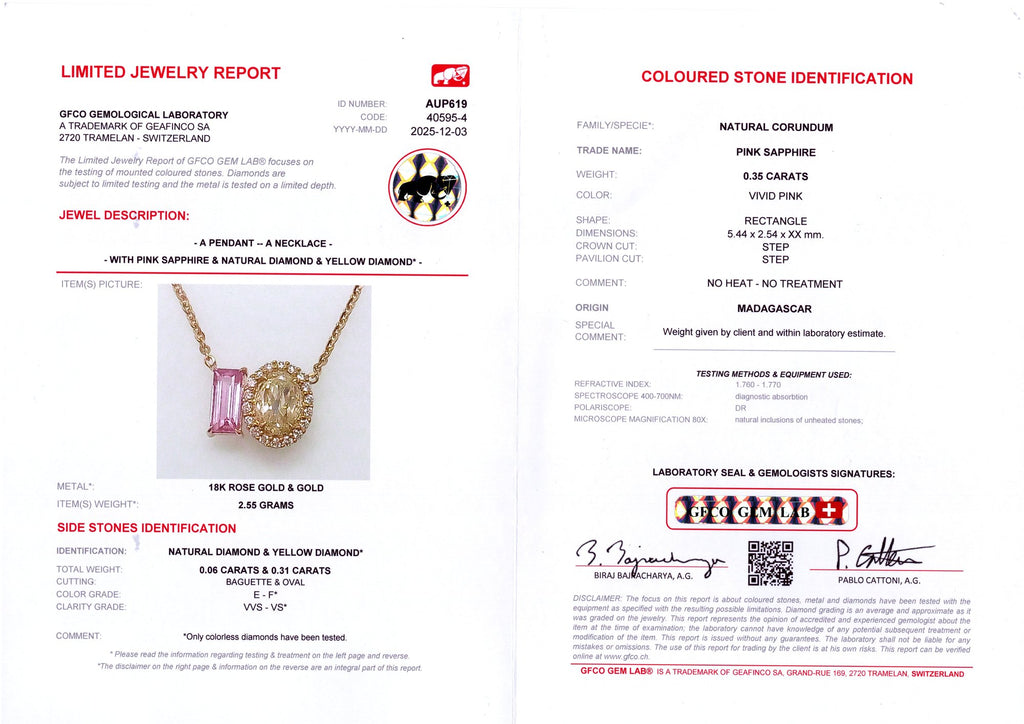 Baguette Pink Sapphire & Yellow Diamond Toi et Moi Pendant — GFCO laboratory report
