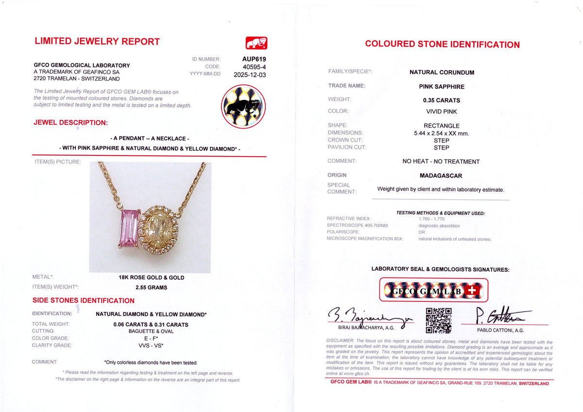 Baguette Pink Sapphire & Yellow Diamond Toi et Moi Pendant — GFCO laboratory report