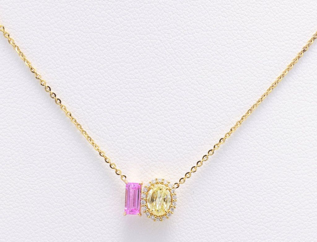 Baguette Pink Sapphire & Yellow Diamond Toi et Moi Pendant in 18K yellow gold — view 1