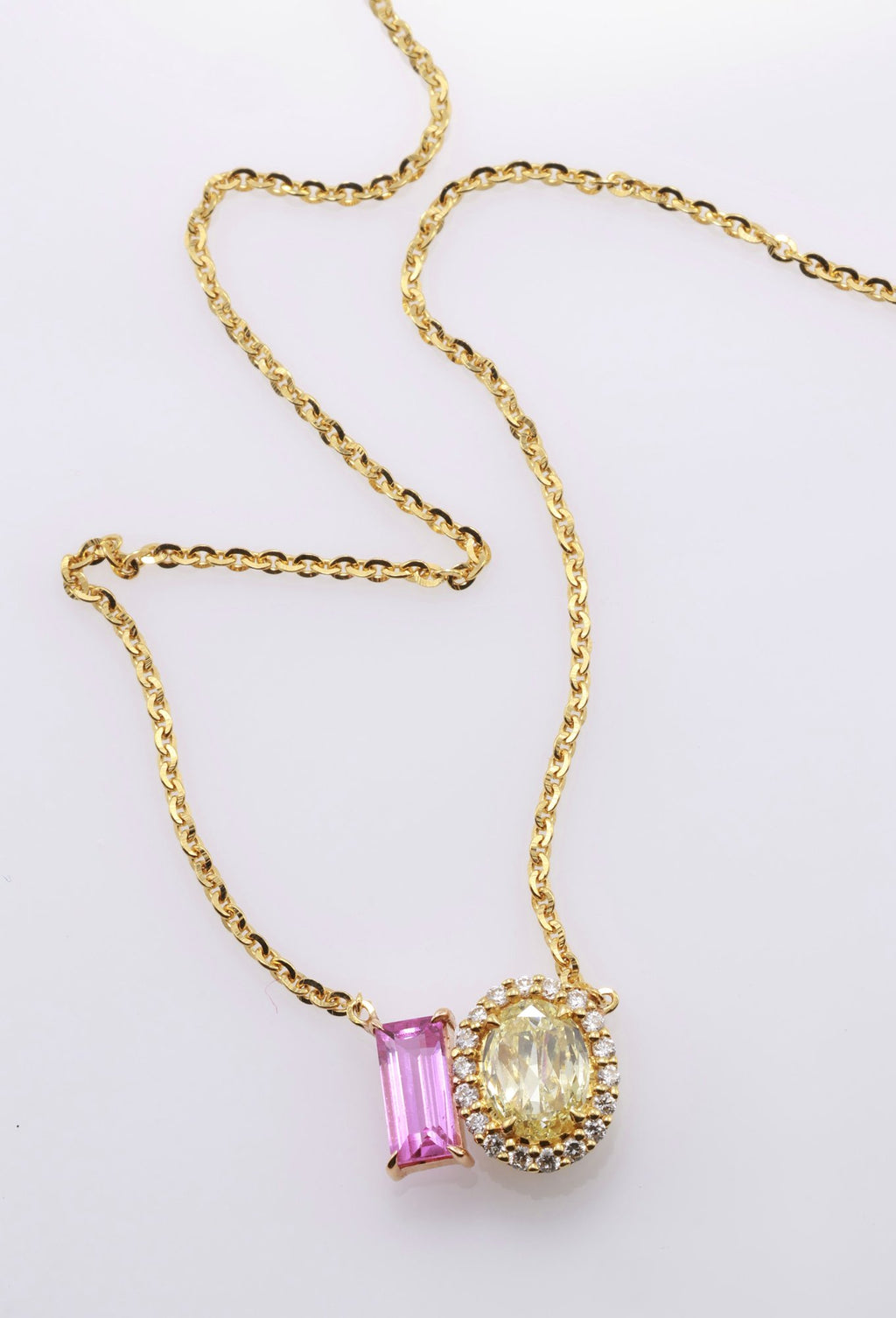 Baguette Pink Sapphire & Yellow Diamond Toi et Moi Pendant in 18K yellow gold — view 2
