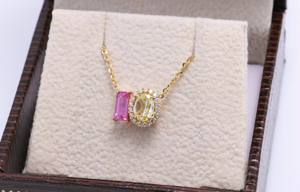 Baguette Pink Sapphire & Yellow Diamond Toi et Moi Pendant in 18K yellow gold — view 3