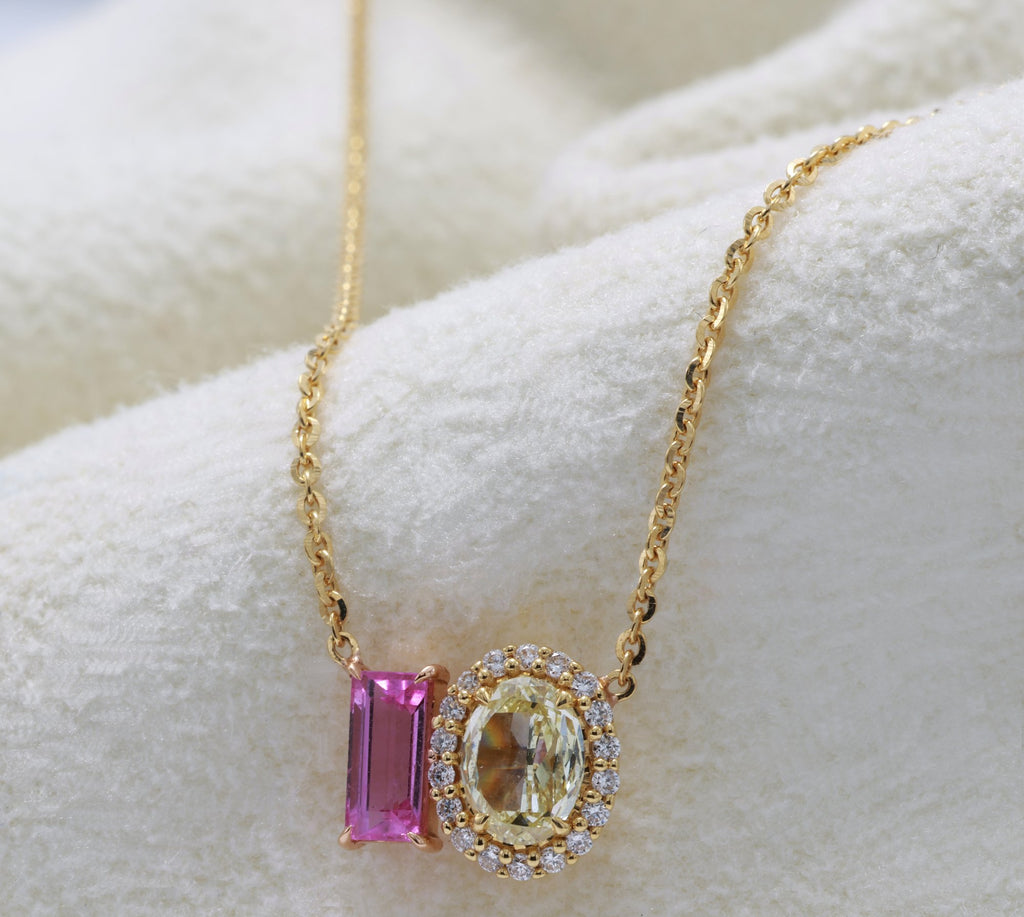 Baguette Pink Sapphire & Yellow Diamond Toi et Moi Pendant in 18K yellow gold — view 4