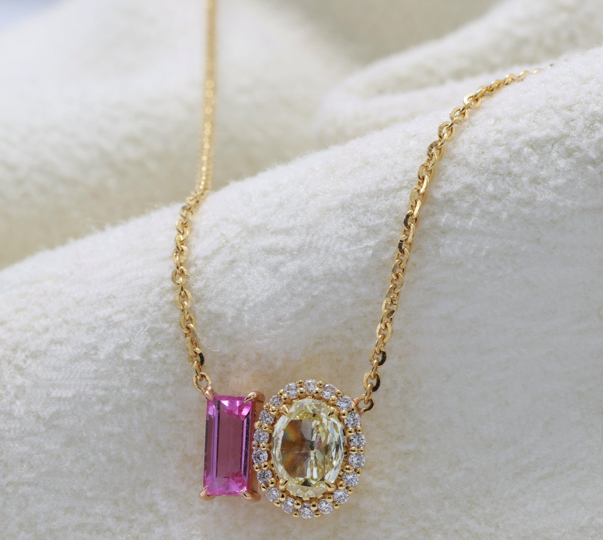 Baguette Pink Sapphire & Yellow Diamond Toi et Moi Pendant in 18K yellow gold — view 4