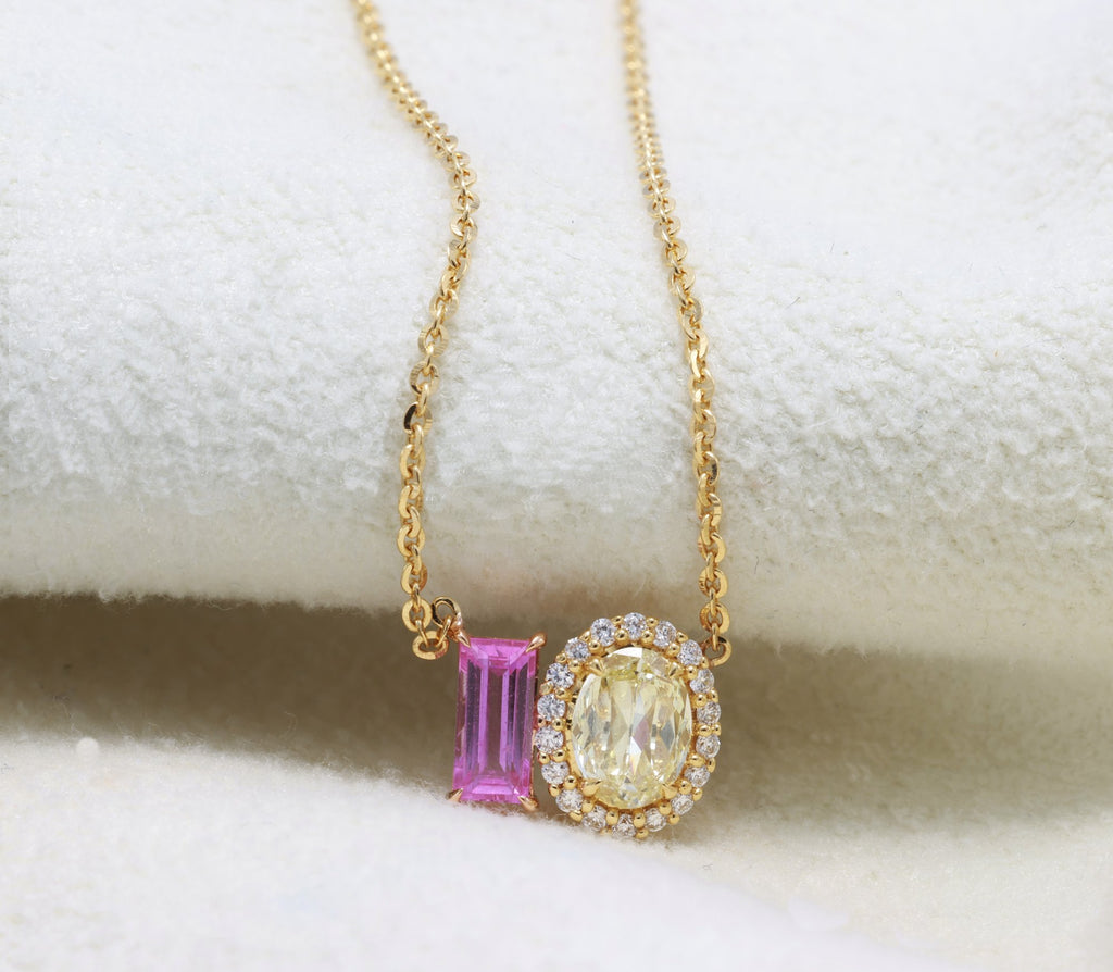 Baguette Pink Sapphire & Yellow Diamond Toi et Moi Pendant in 18K yellow gold — view 5