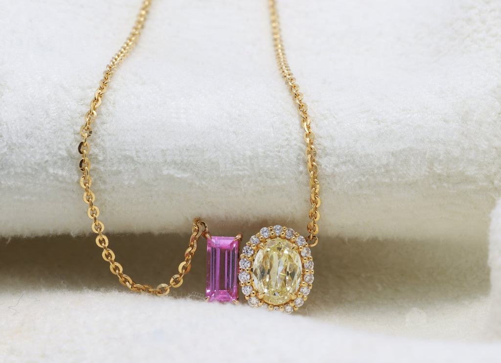 Baguette Pink Sapphire & Yellow Diamond Toi et Moi Pendant in 18K yellow gold — view 6