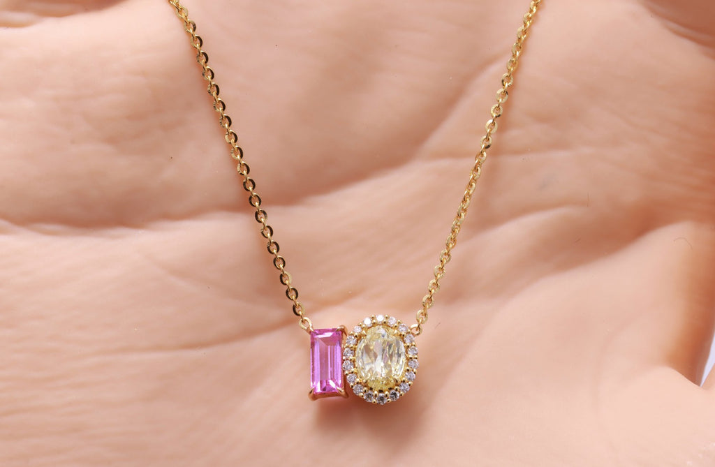Baguette Pink Sapphire & Yellow Diamond Toi et Moi Pendant in 18K yellow gold — view 7