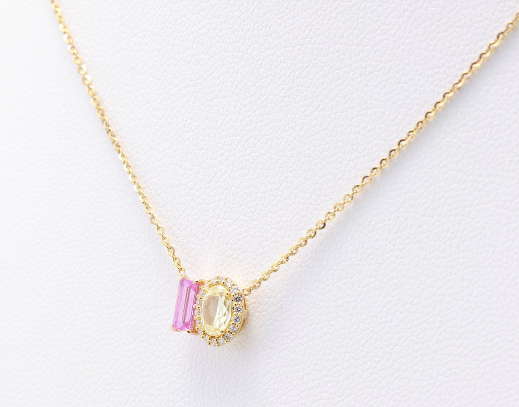 Baguette Pink Sapphire & Yellow Diamond Toi et Moi Pendant in 18K yellow gold — view 8