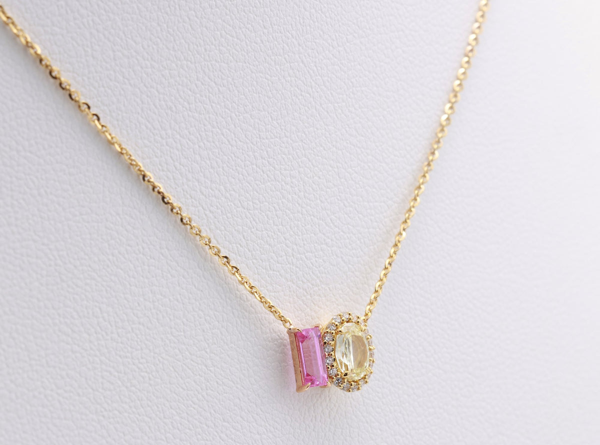 Baguette Pink Sapphire & Yellow Diamond Toi et Moi Pendant in 18K yellow gold — view 9
