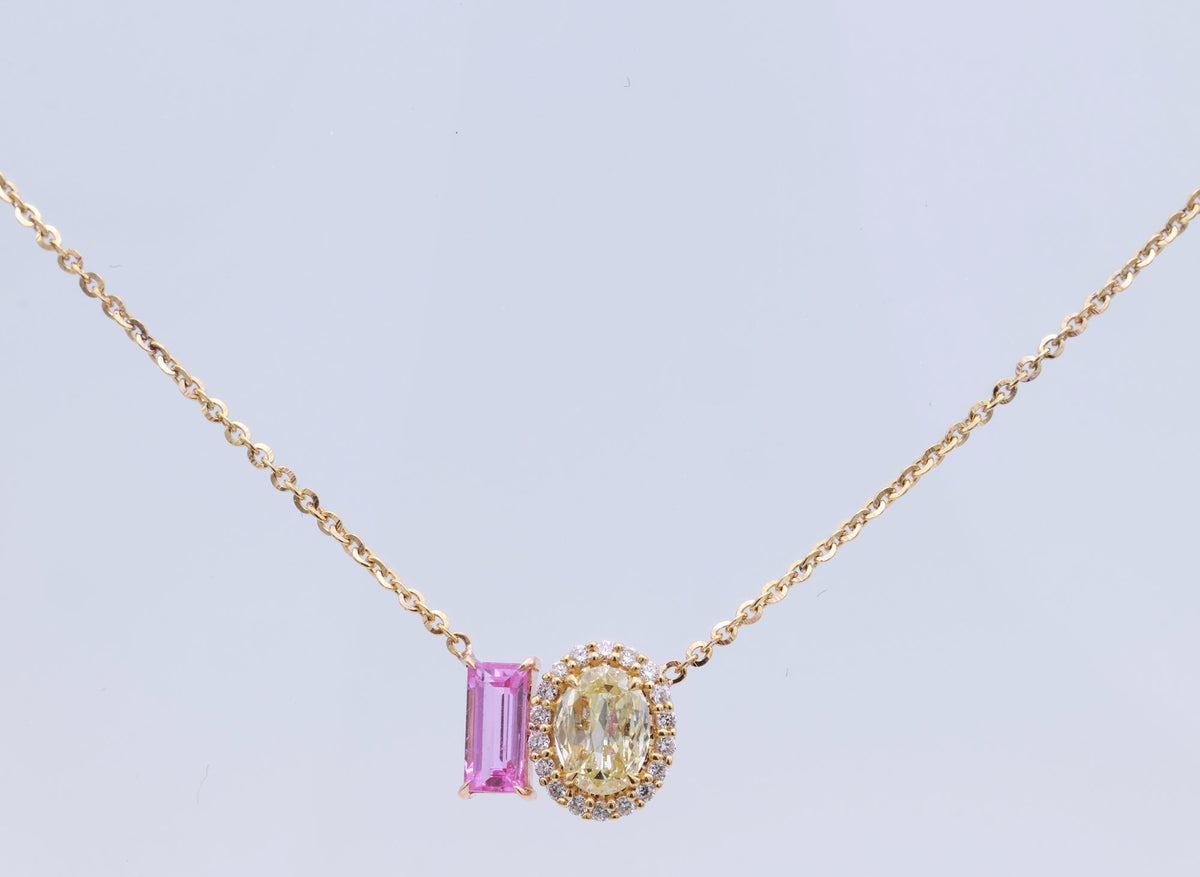 Baguette Pink Sapphire & Yellow Diamond Toi et Moi Pendant in 18K yellow gold — view 10