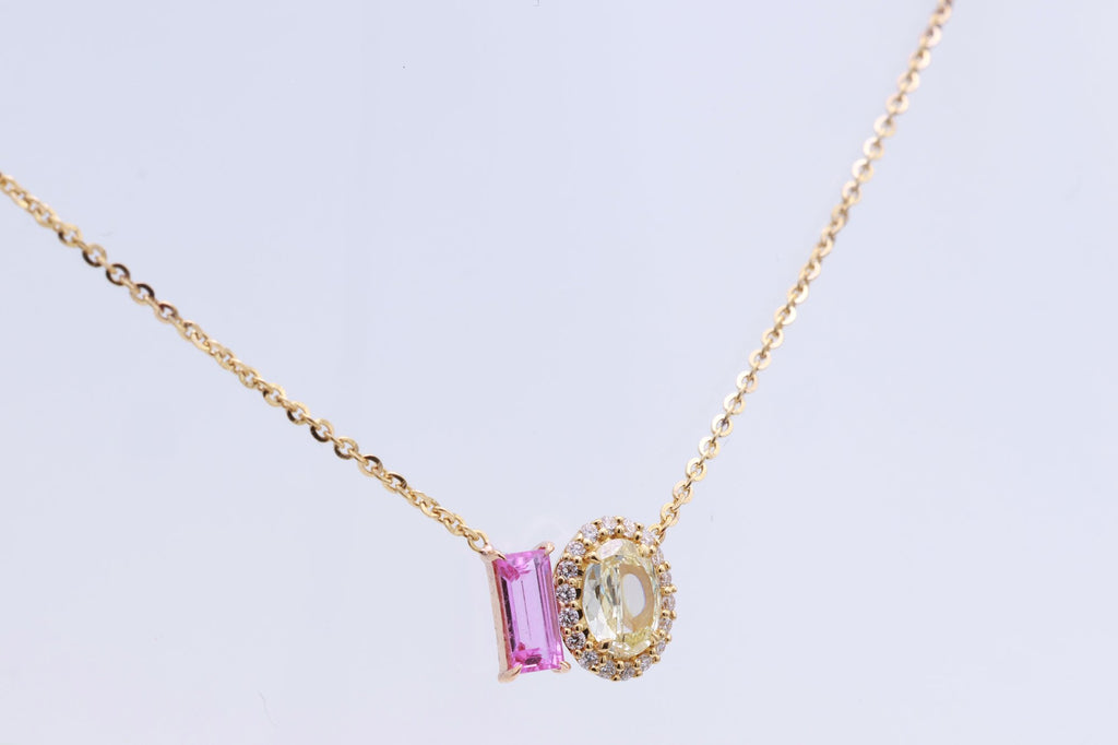 Baguette Pink Sapphire & Yellow Diamond Toi et Moi Pendant in 18K yellow gold — view 11