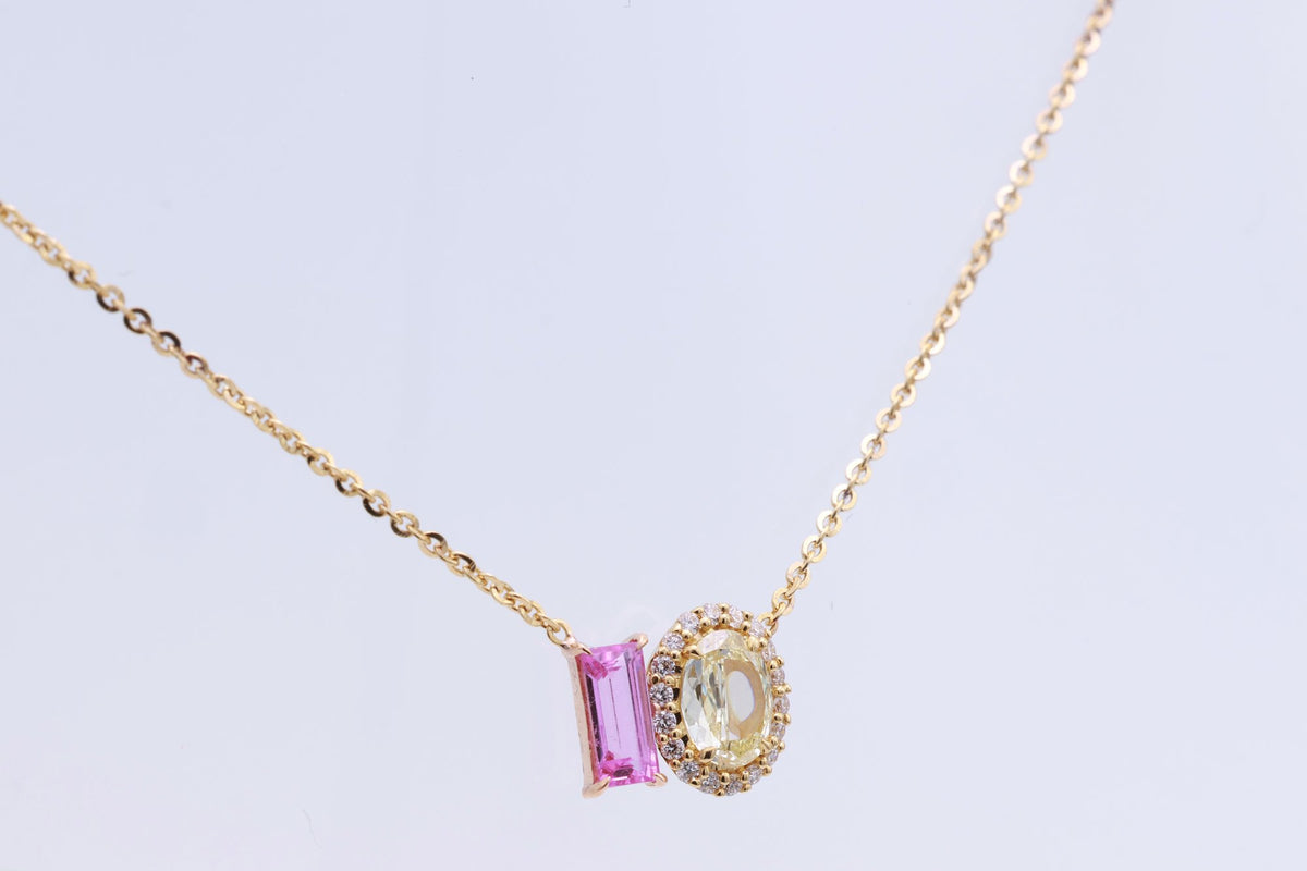 Baguette Pink Sapphire & Yellow Diamond Toi et Moi Pendant in 18K yellow gold — view 11