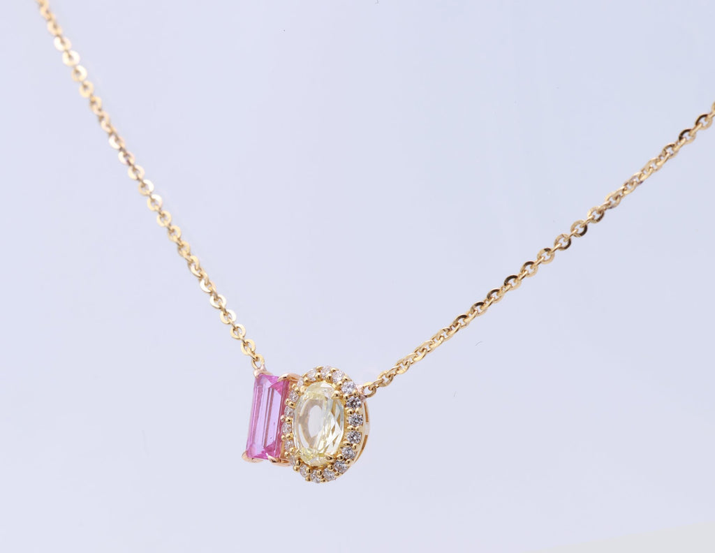Baguette Pink Sapphire & Yellow Diamond Toi et Moi Pendant in 18K yellow gold — view 12