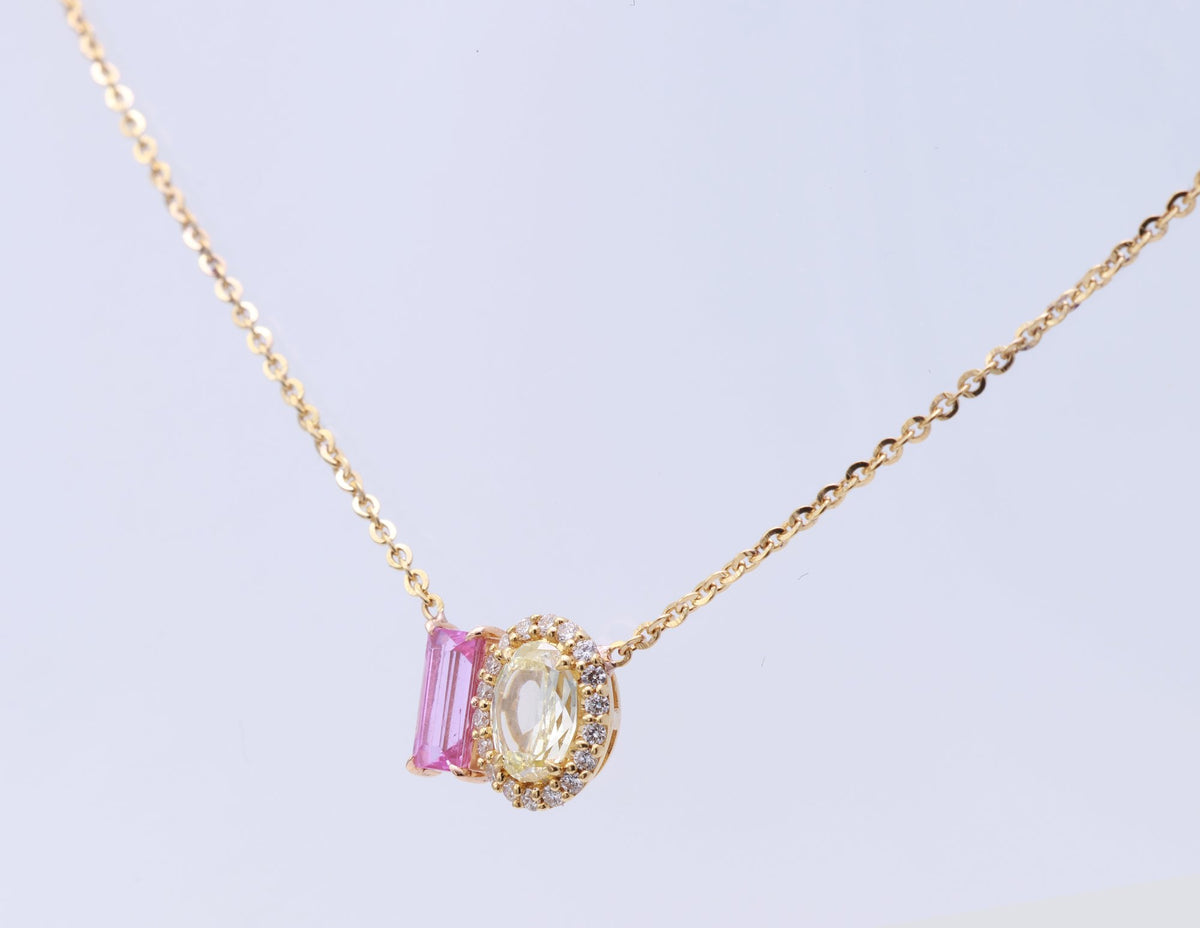 Baguette Pink Sapphire & Yellow Diamond Toi et Moi Pendant in 18K yellow gold — view 12
