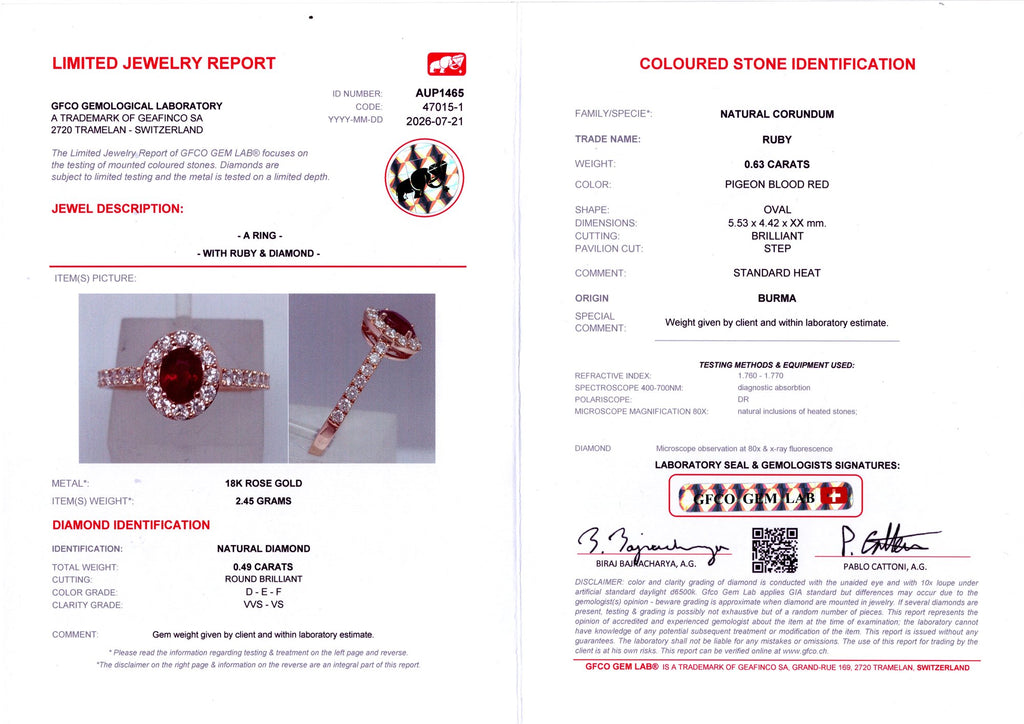 Burmese Ruby Halo Ring — GFCO laboratory report