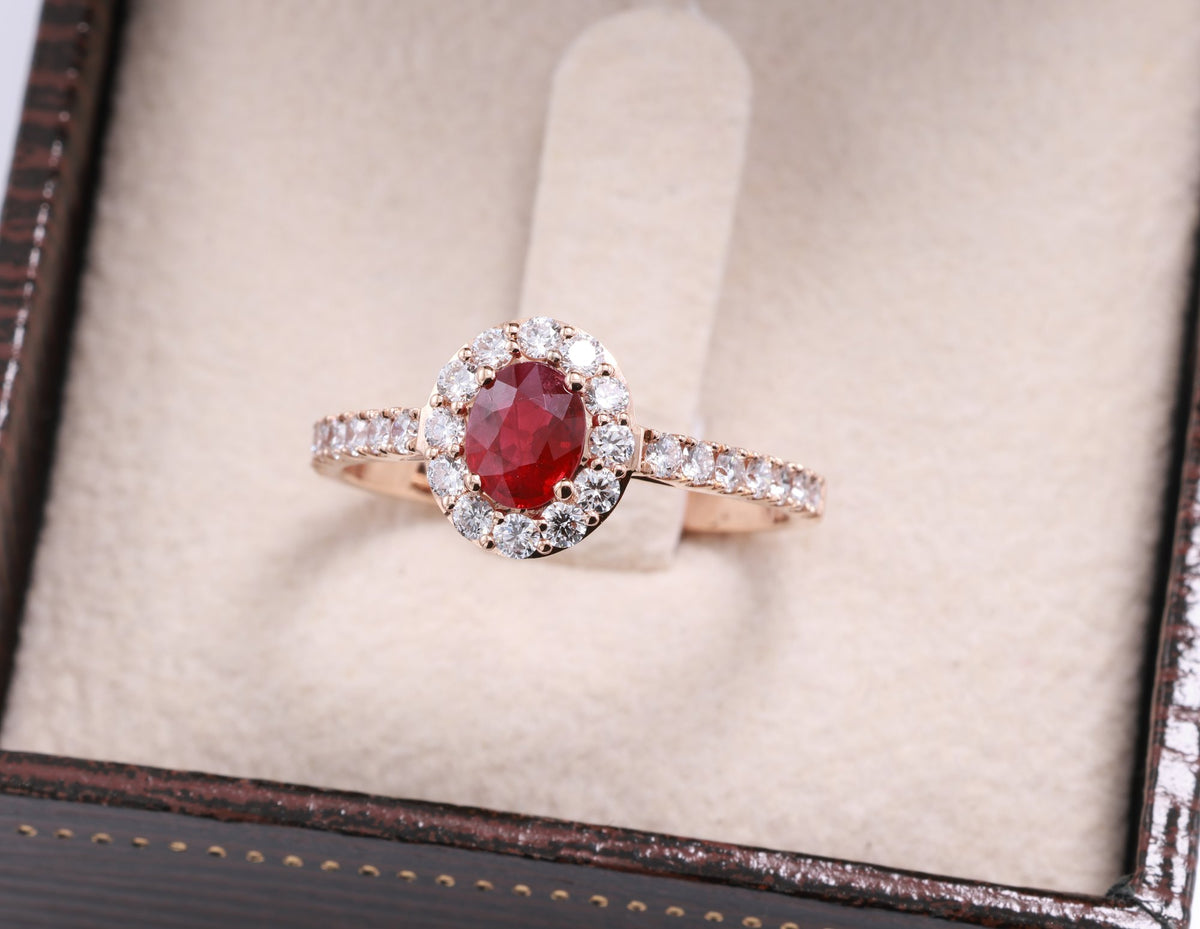 Burmese Ruby Halo Ring in 18K rose gold — view 6