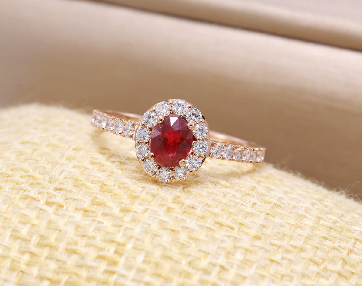Burmese Ruby Halo Ring in 18K rose gold — view 7