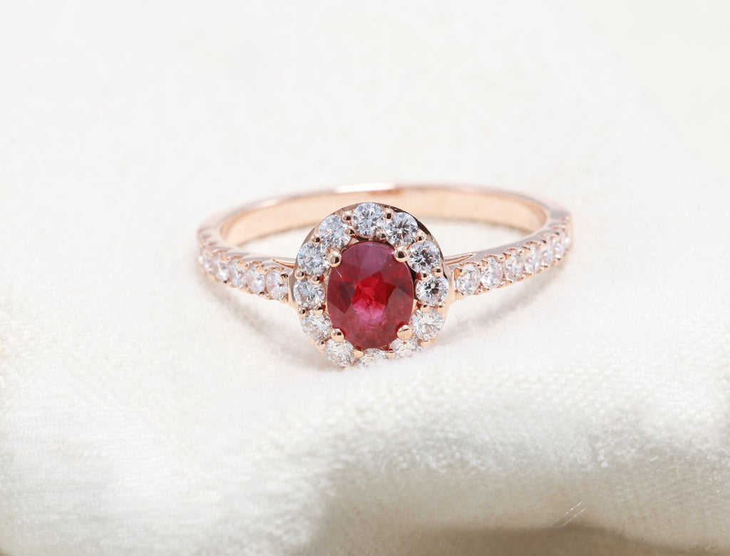 Burmese Ruby Halo Ring in 18K rose gold — view 8