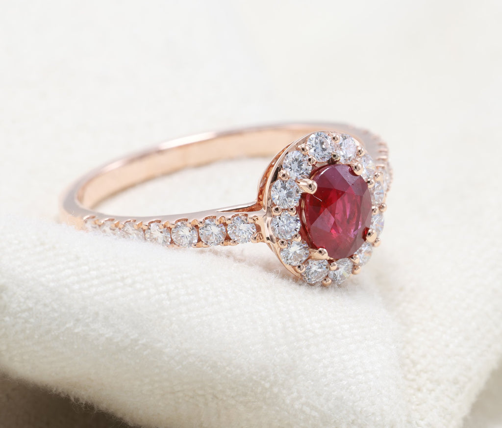 Burmese Ruby Halo Ring in 18K rose gold — view 9