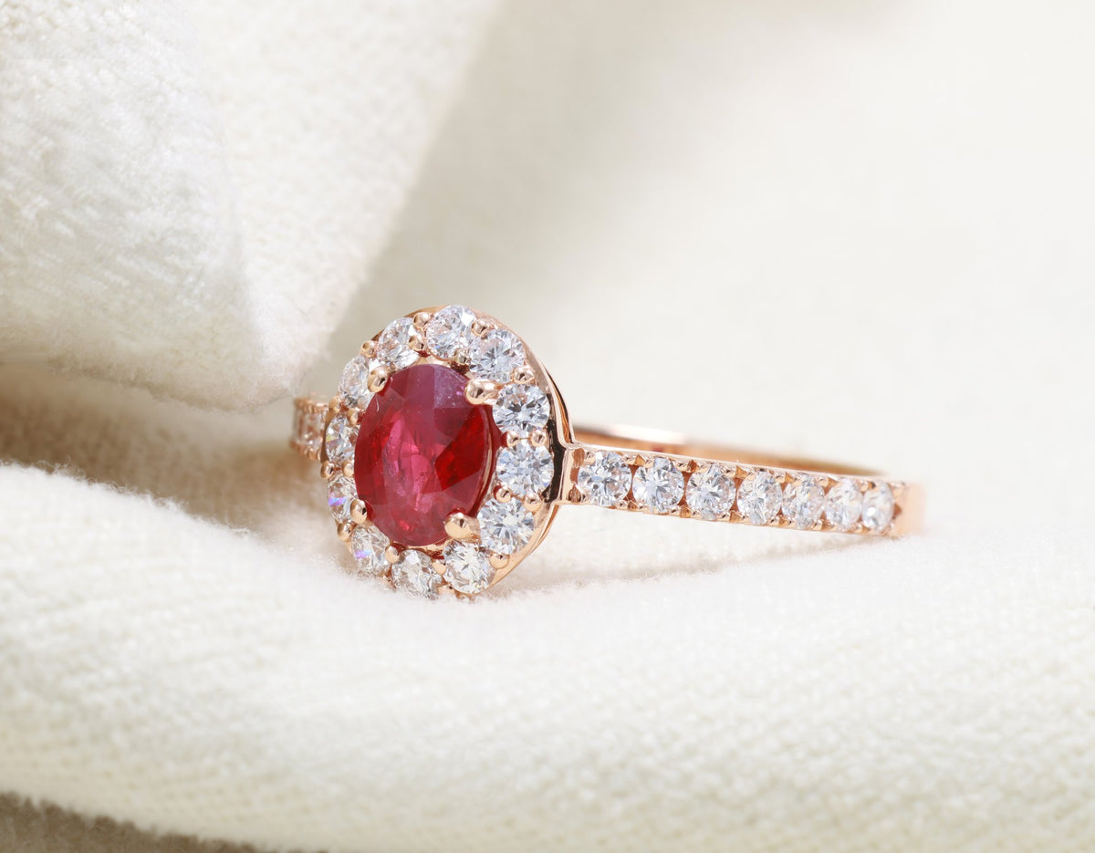 Burmese Ruby Halo Ring in 18K rose gold — view 10
