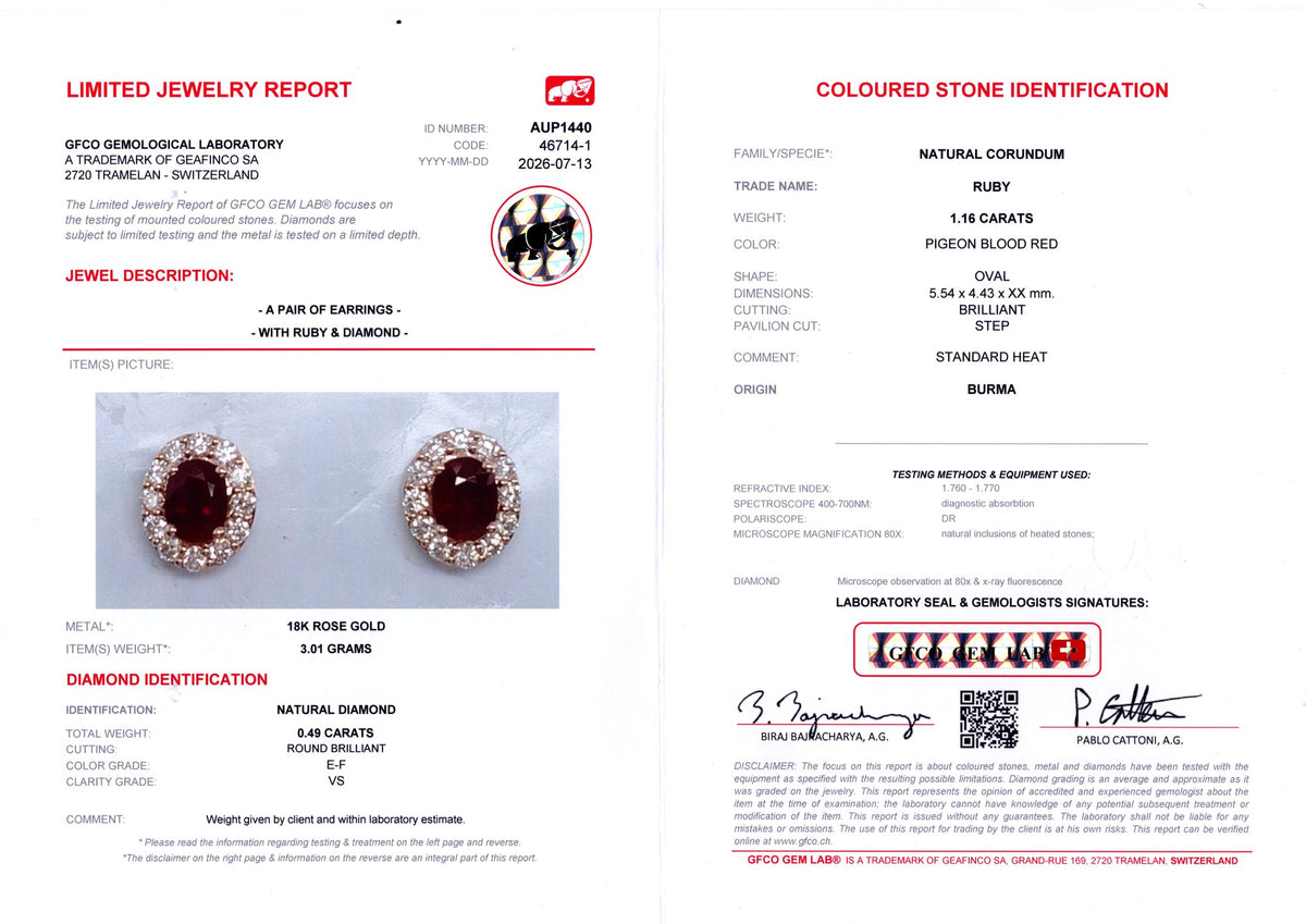 Burmese Ruby Halo Stud Earrings — GFCO laboratory report