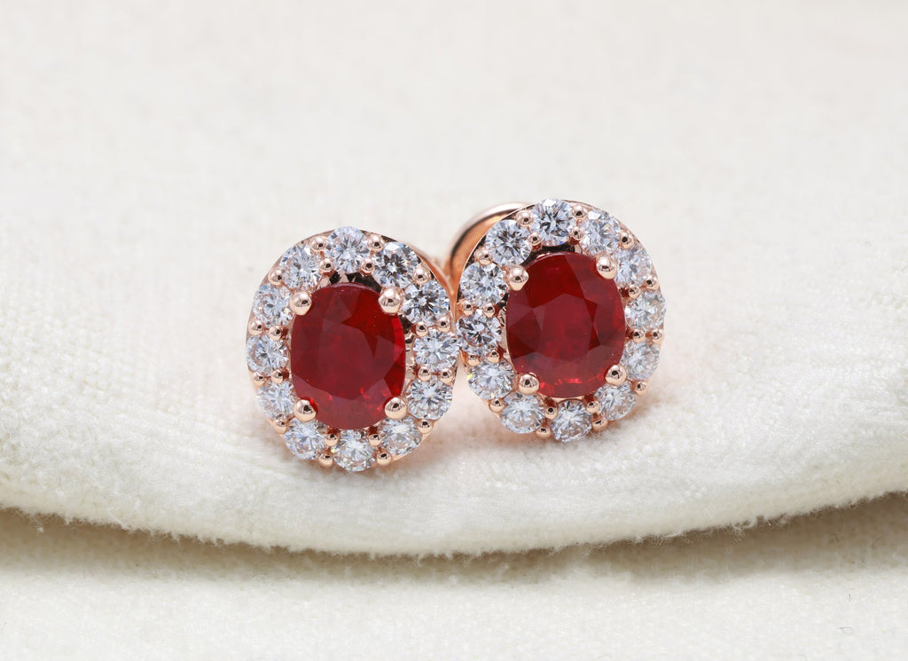 Burmese Ruby Halo Stud Earrings in 18K rose gold — view 1
