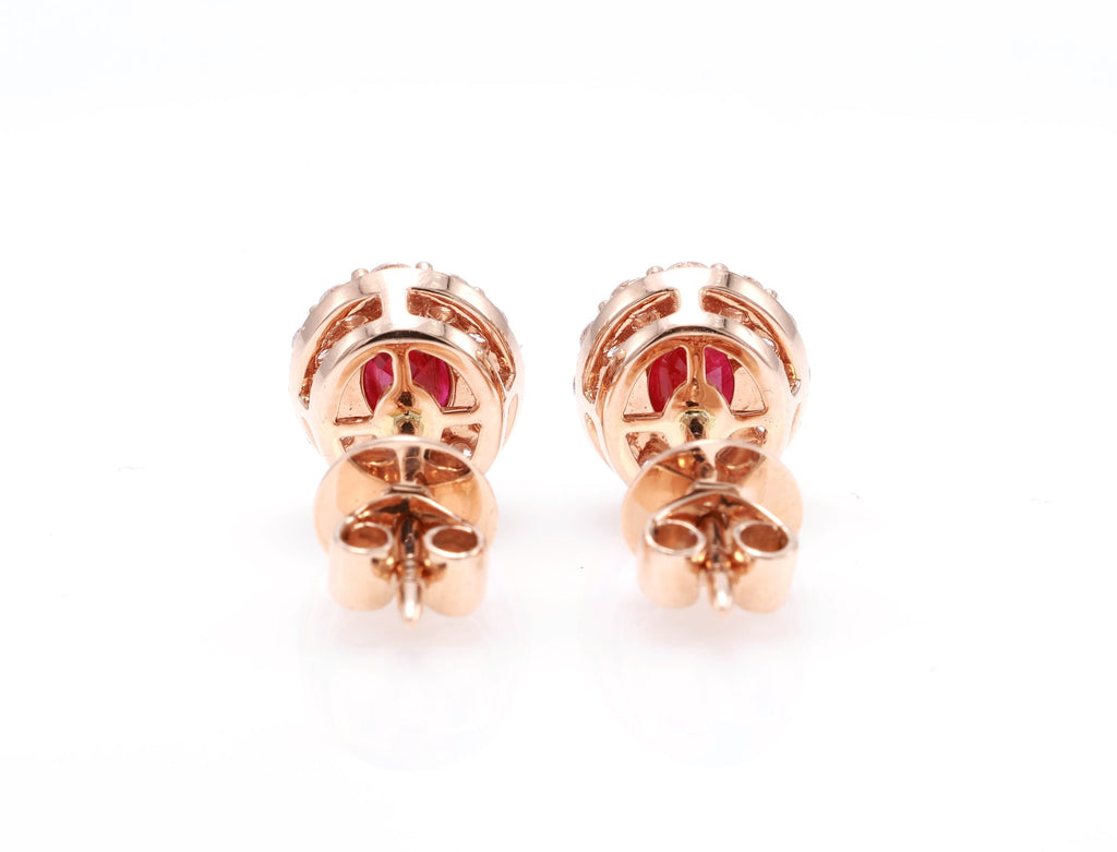 Burmese Ruby Halo Stud Earrings in 18K rose gold — view 2