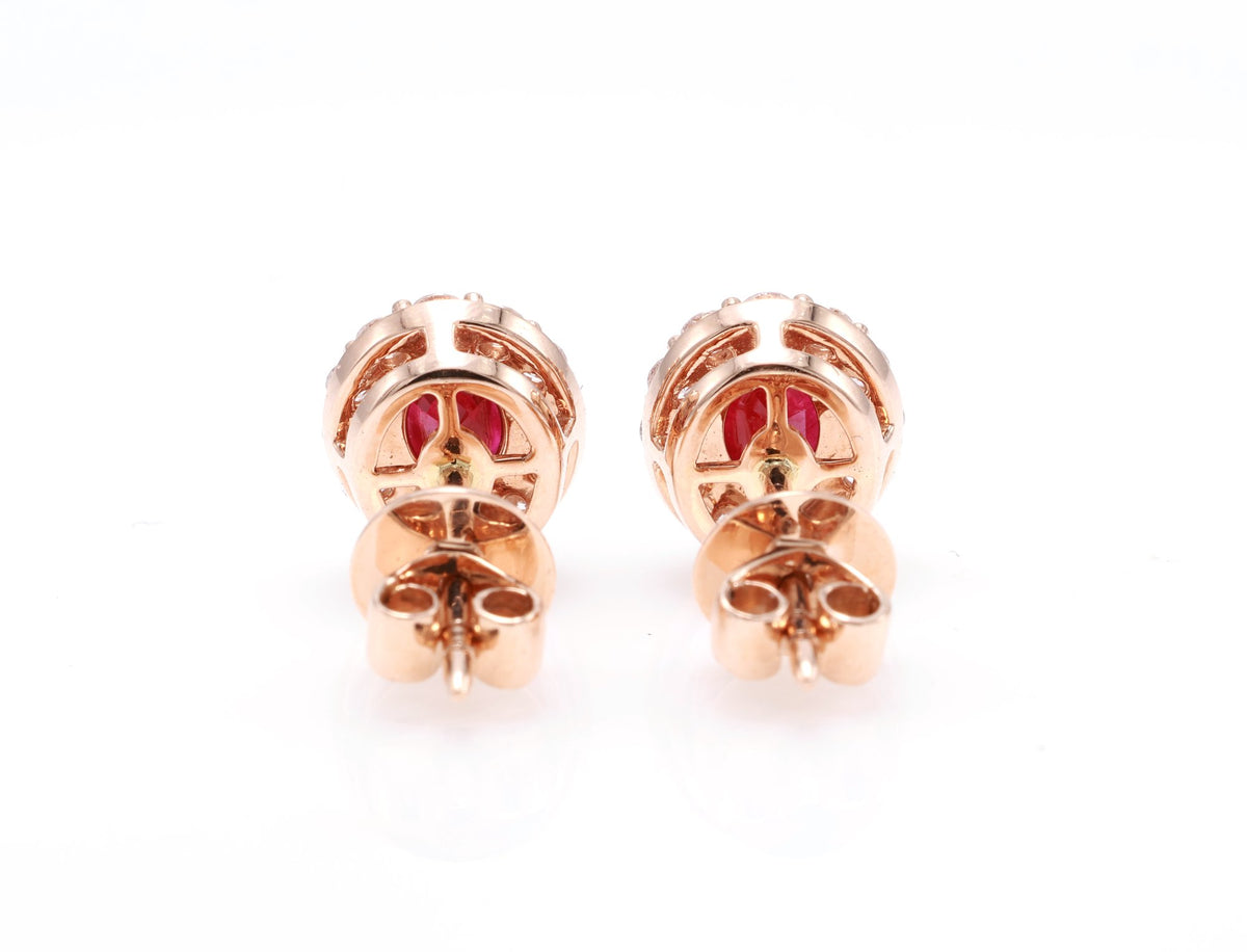 Burmese Ruby Halo Stud Earrings in 18K rose gold — view 2