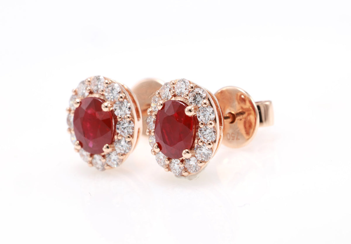 Burmese Ruby Halo Stud Earrings in 18K rose gold — view 3
