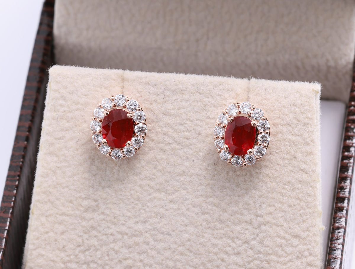 Burmese Ruby Halo Stud Earrings in 18K rose gold — view 4
