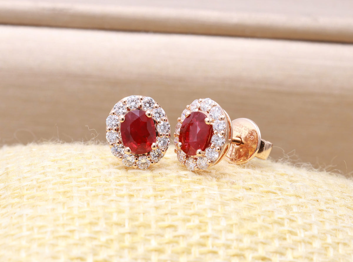 Burmese Ruby Halo Stud Earrings in 18K rose gold — view 5