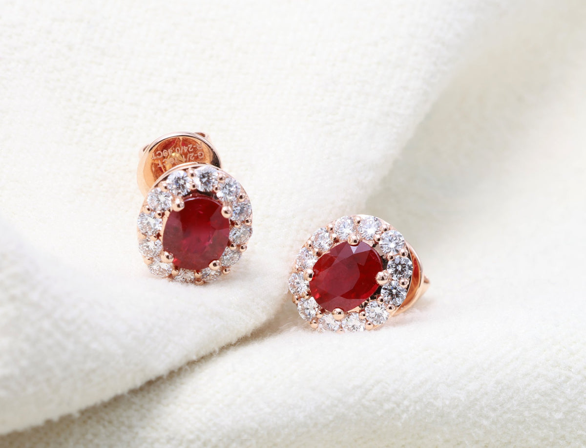 Burmese Ruby Halo Stud Earrings in 18K rose gold — view 6