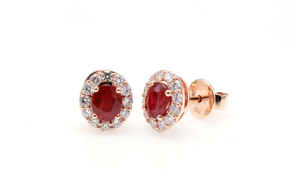 Burmese Ruby Halo Stud Earrings in 18K rose gold — view 7