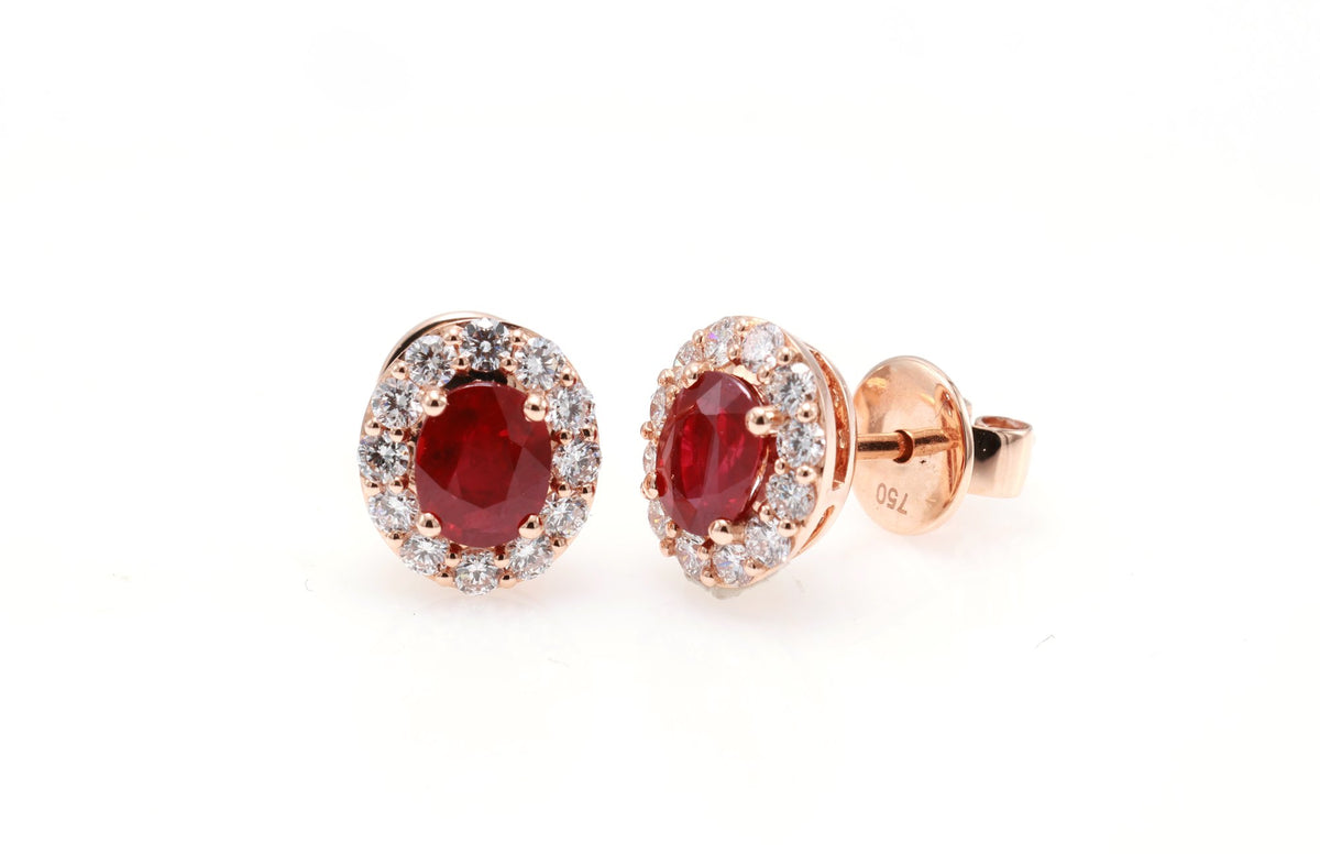 Burmese Ruby Halo Stud Earrings in 18K rose gold — view 7