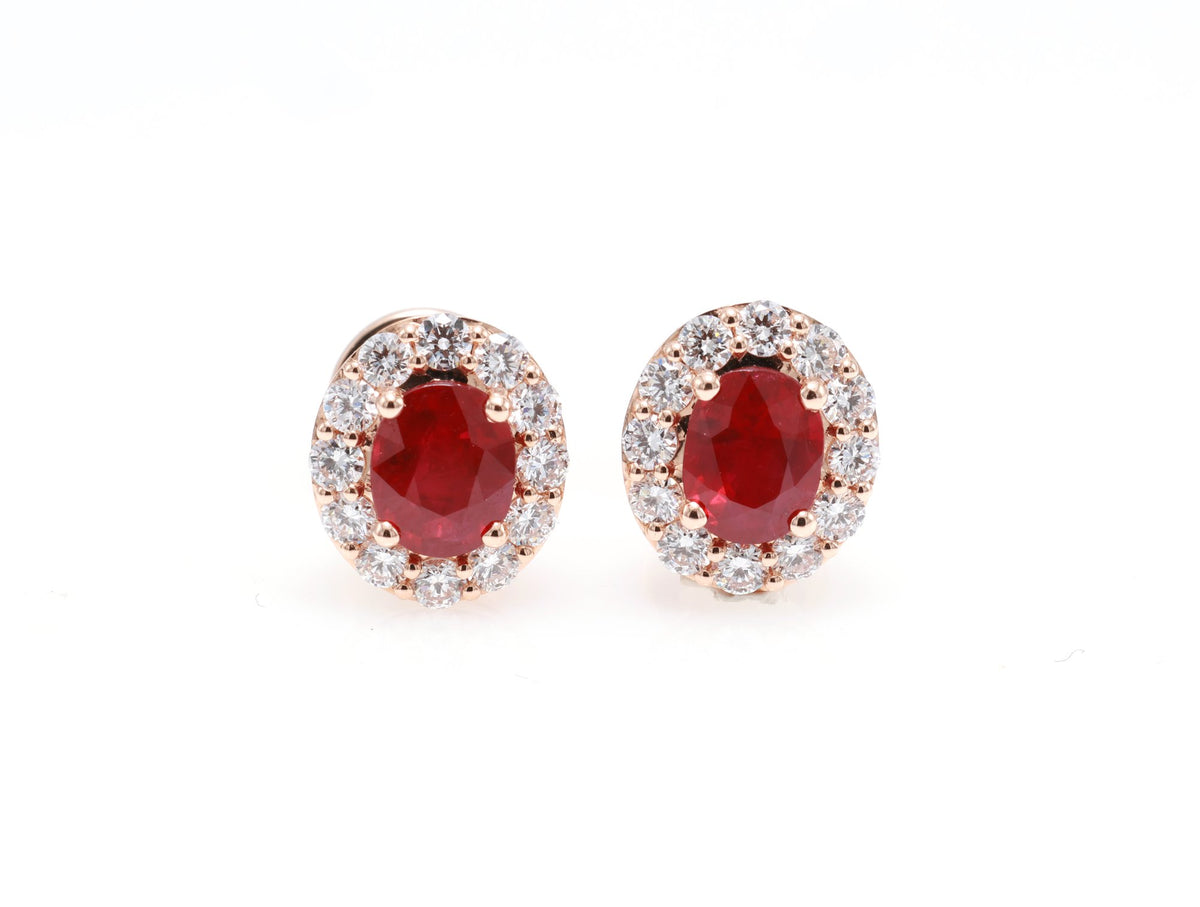 Burmese Ruby Halo Stud Earrings in 18K rose gold — view 8