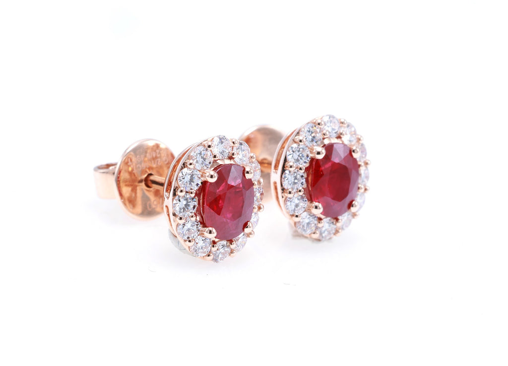Burmese Ruby Halo Stud Earrings in 18K rose gold — view 9