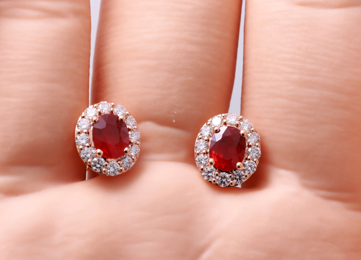 Burmese Ruby Halo Stud Earrings in 18K rose gold — view 10