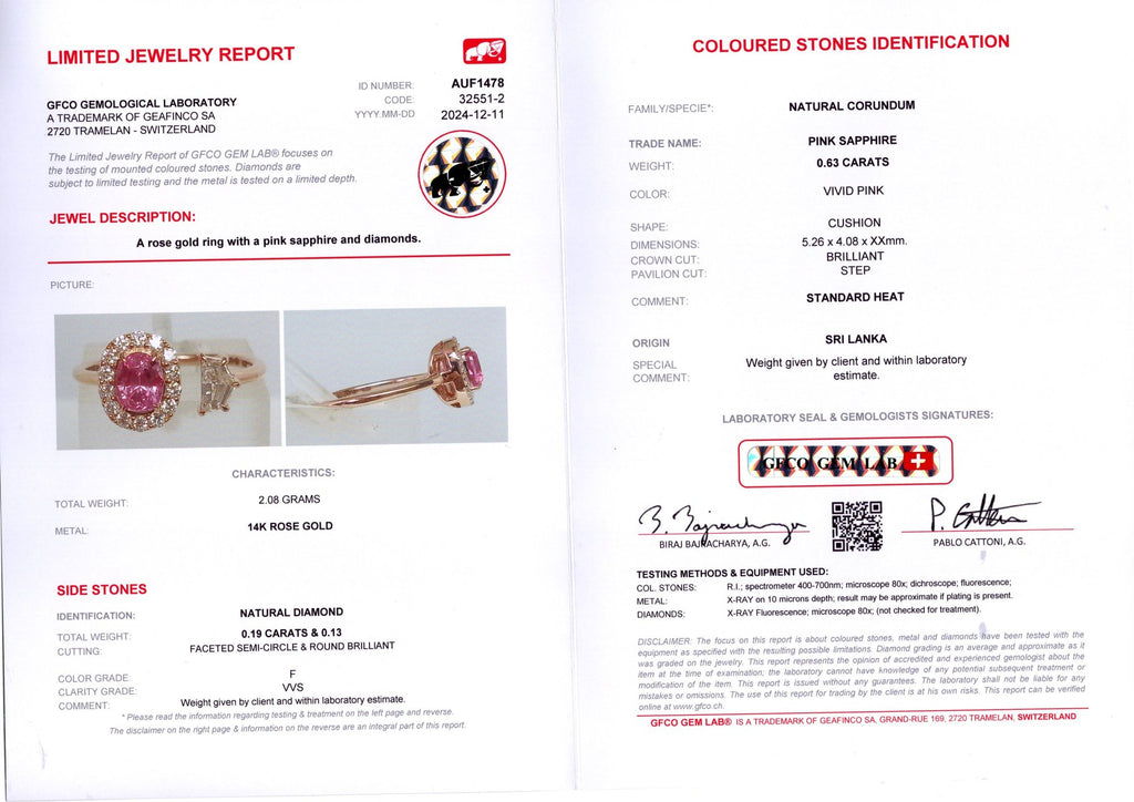 Ceylon Pink Sapphire & Cadillac Diamond Ring — GFCO laboratory report
