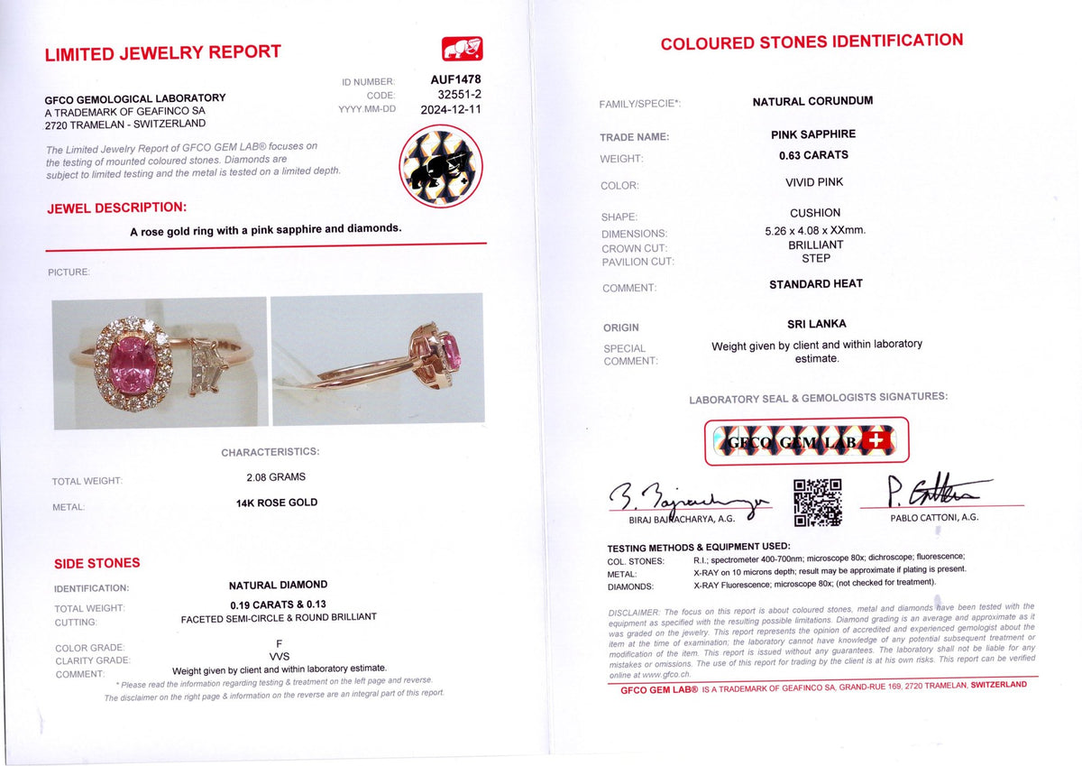 Ceylon Pink Sapphire & Cadillac Diamond Ring — GFCO laboratory report