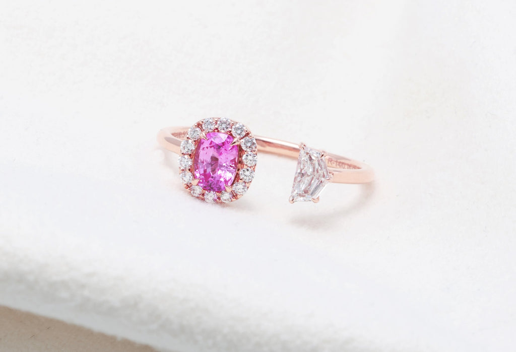 Ceylon Pink Sapphire & Cadillac Diamond Ring in 14K rose gold — view 6