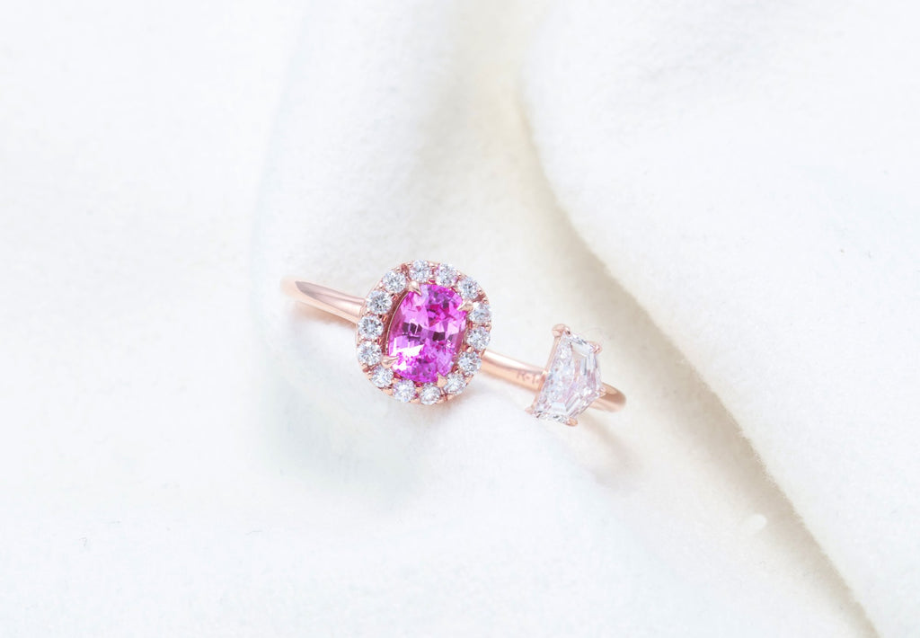 Ceylon Pink Sapphire & Cadillac Diamond Ring in 14K rose gold — view 7