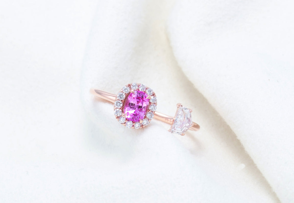 Ceylon Pink Sapphire & Cadillac Diamond Ring in 14K rose gold — view 7