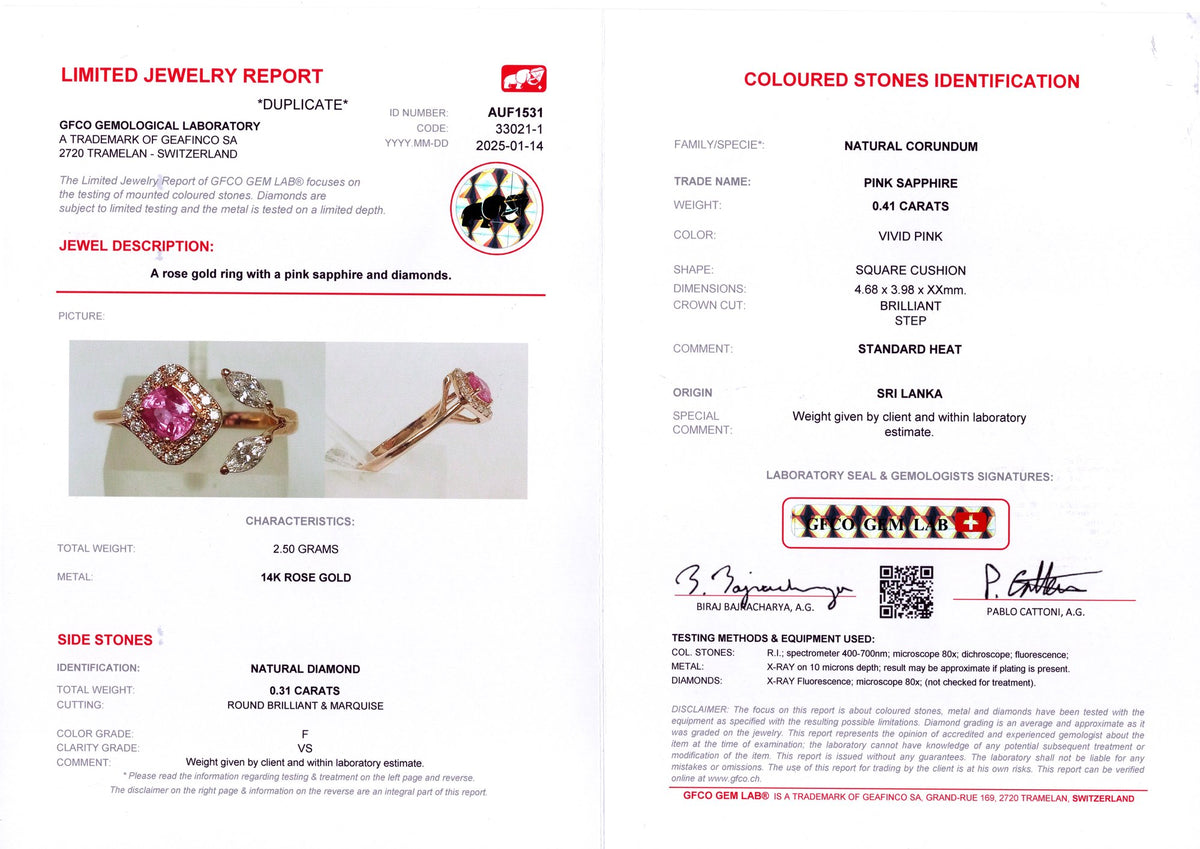 Ceylon Pink Sapphire & Marquise Diamond Ring — GFCO laboratory report