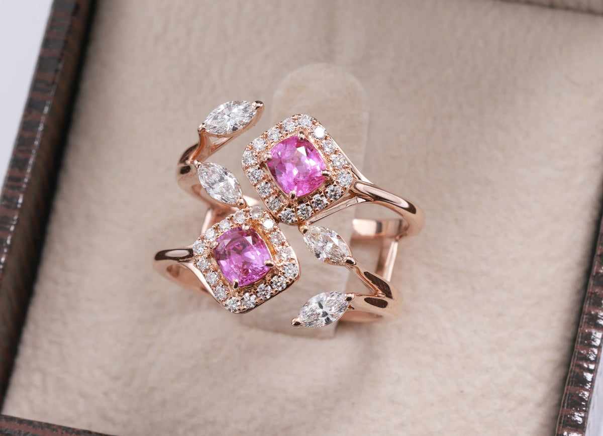 Ceylon Pink Sapphire & Marquise Diamond Ring in 14K rose gold — view 7
