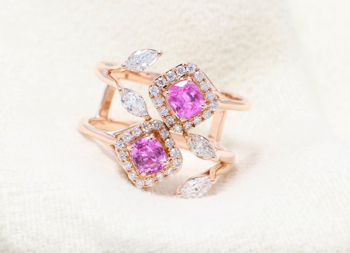 Ceylon Pink Sapphire & Marquise Diamond Ring in 14K rose gold — view 9
