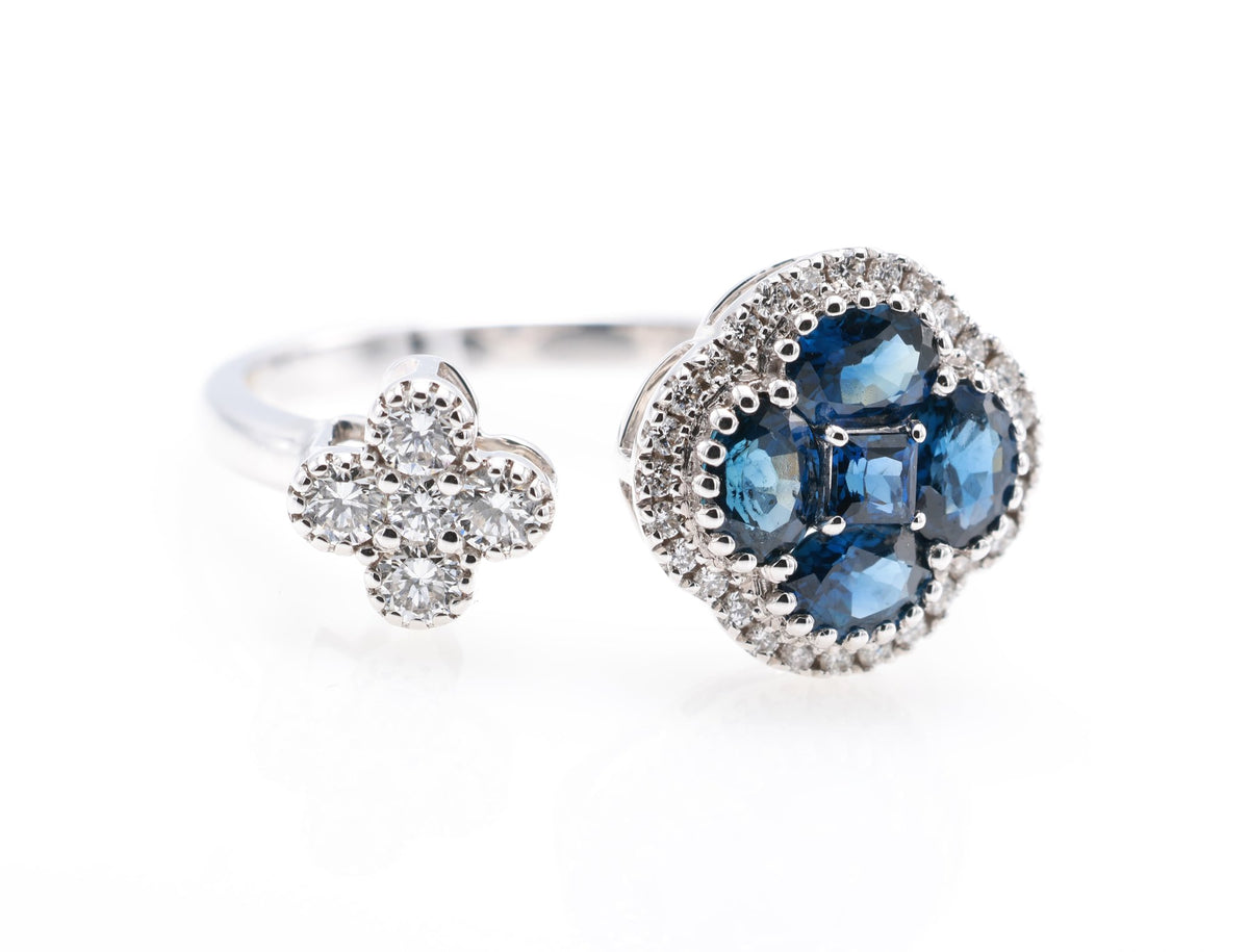 Ceylon Royal Blue Sapphire Clover Open Ring in 18K white gold — view 1