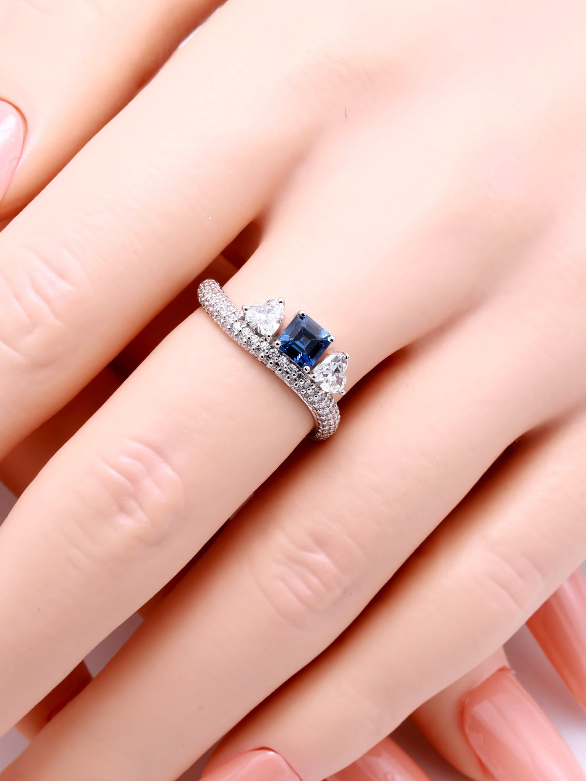 Ceylon Sapphire & Heart Diamond Bypass Ring in 18K white gold — view 3