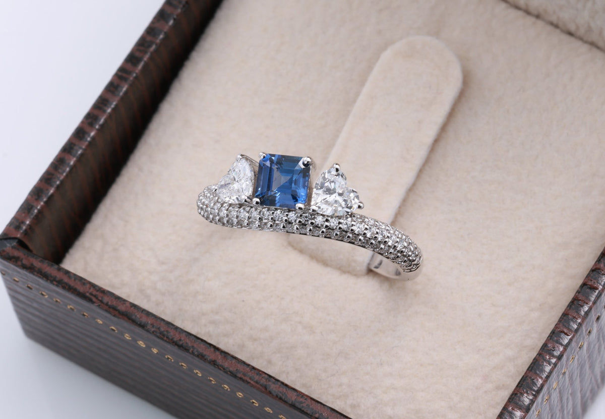 Ceylon Sapphire & Heart Diamond Bypass Ring in 18K white gold — view 4