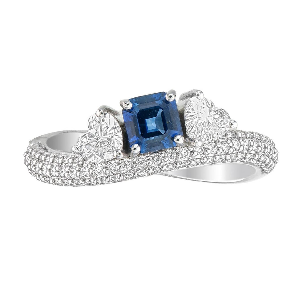 Ceylon Sapphire & Heart Diamond Bypass Ring in 18K white gold — view 5